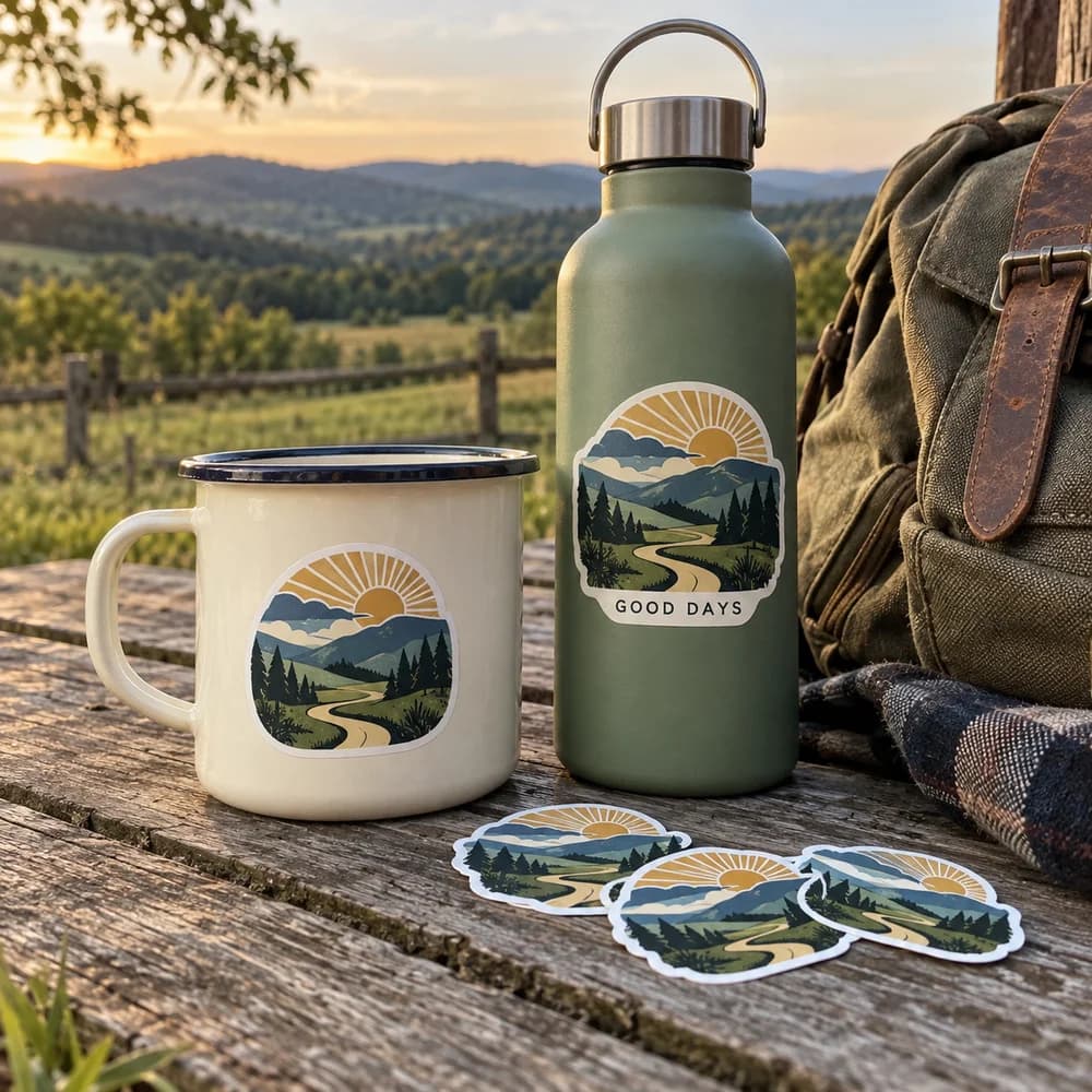 Illustrative mockup of Kentucky-inspired stickers on a camping mug and bottle