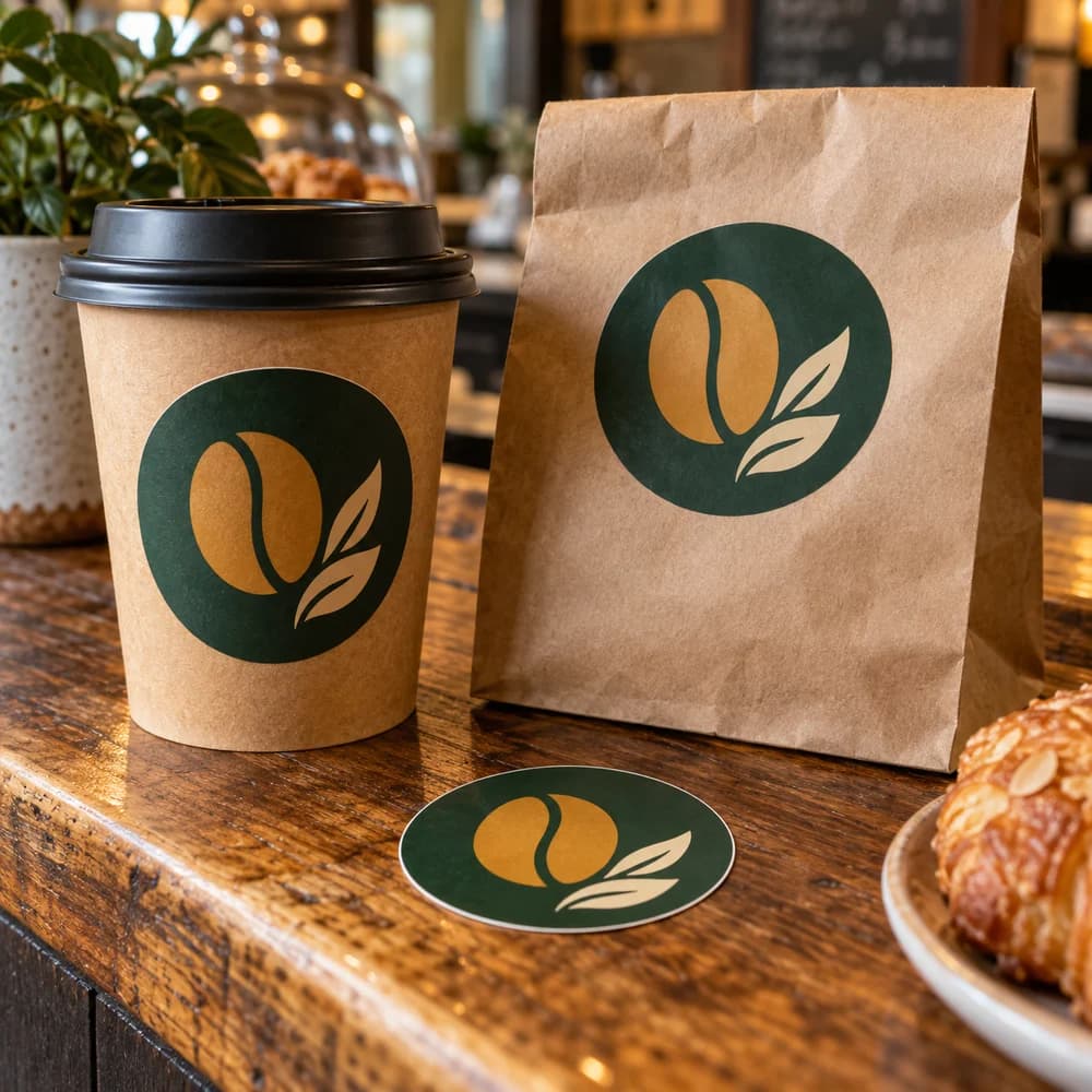 Example mockup: Circular coffee emblems on a takeaway cup and pastry bag