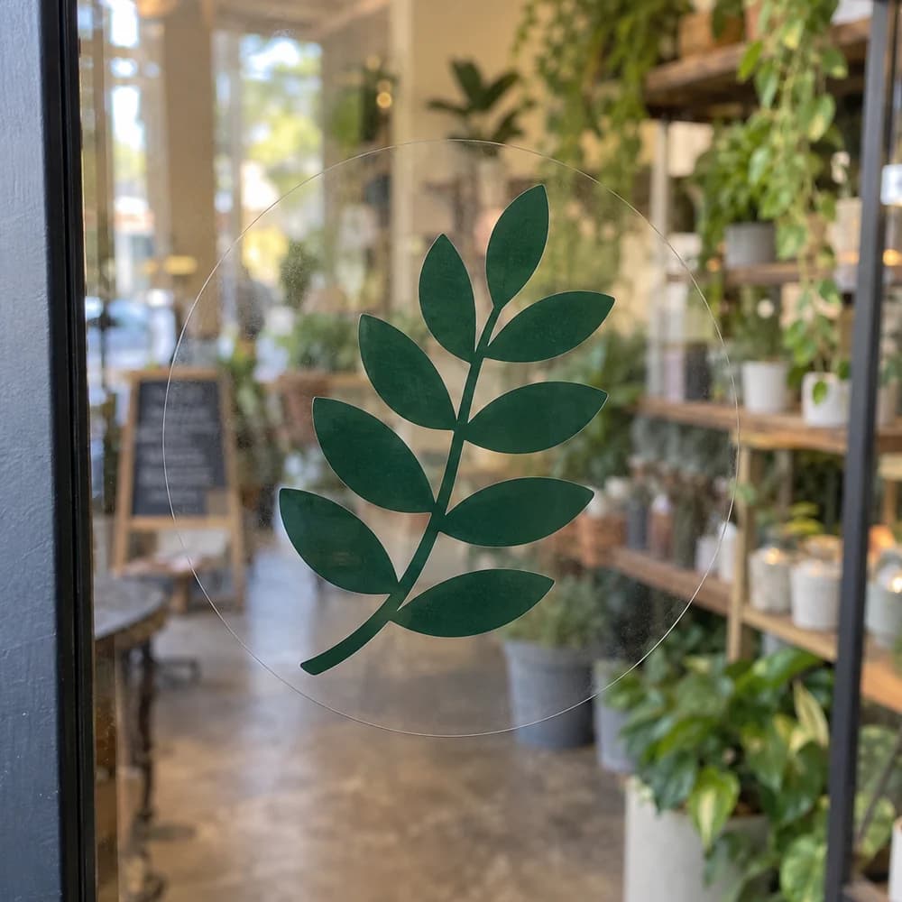 Example mockup: A flat printed botanical icon on clear film on a plant shop’s glass door