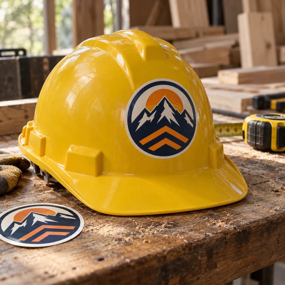 Example mockup: A mountain crew emblem sticker on a yellow hard hat in a workshop