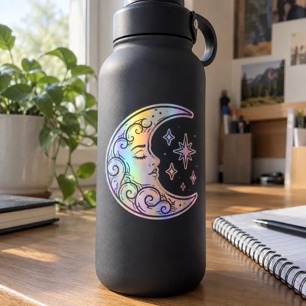 Example mockup: An iridescent moon sticker on a charcoal bottle beside a notebook