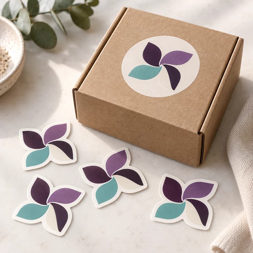 Example mockup: An abstract pinwheel logo on a kraft box with matching loose stickers