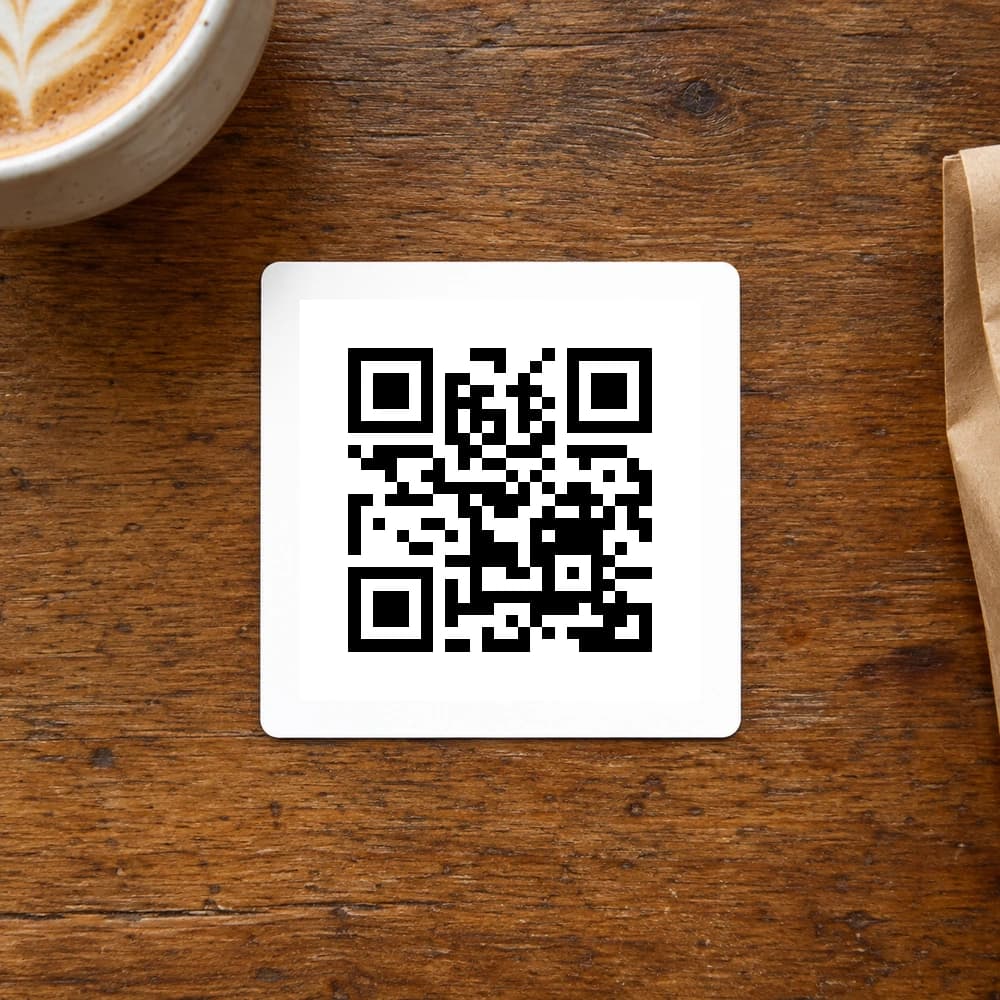 Example mockup: A scannable QR sticker on a wooden cafe counter