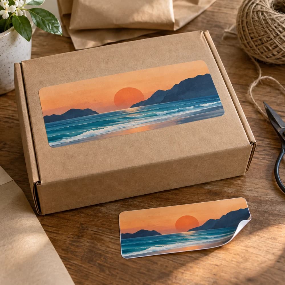 Example mockup: A thin rectangular sunset-and-wave label on a kraft mailer