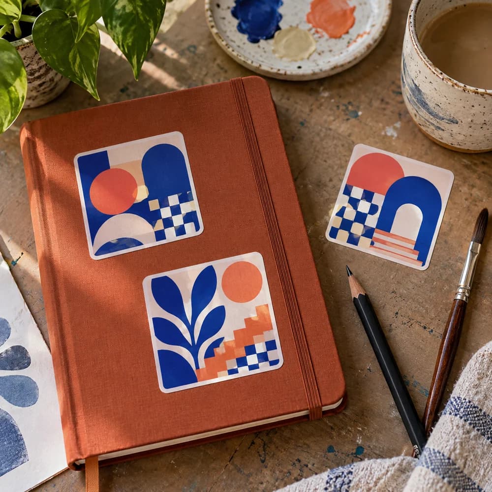 Example mockup: Rounded-square geometric stickers on an artist’s sketchbook