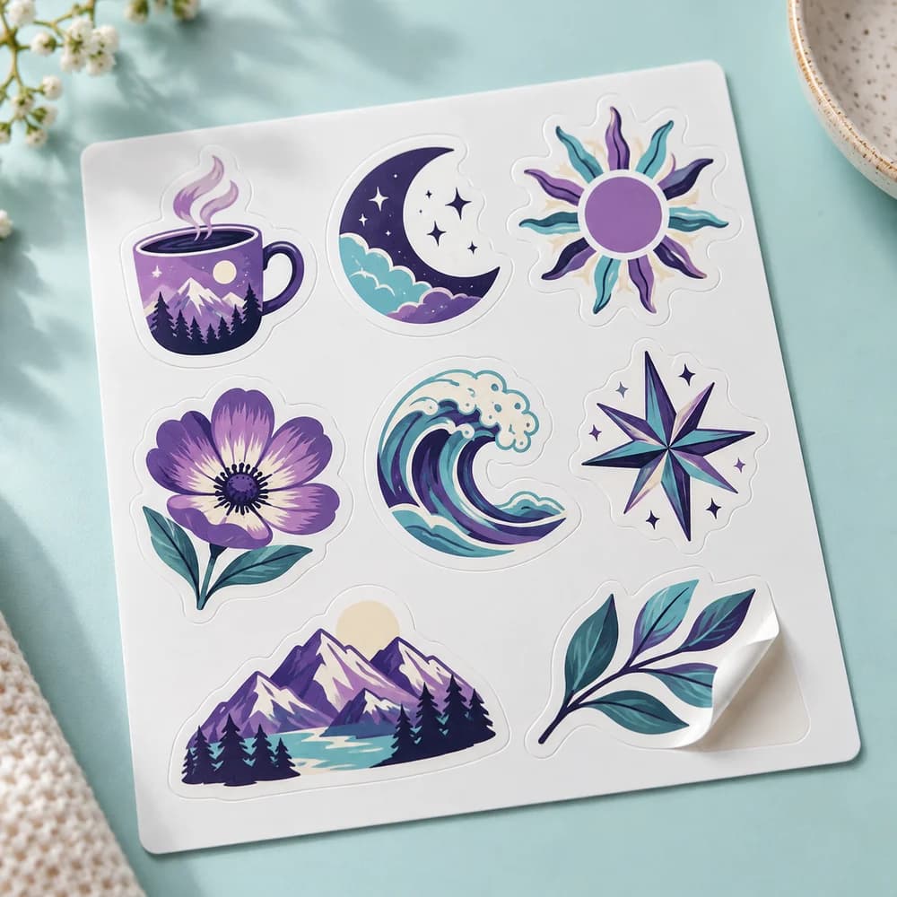 Example mockup: Several individual illustrated stickers on one kiss-cut backing sheet