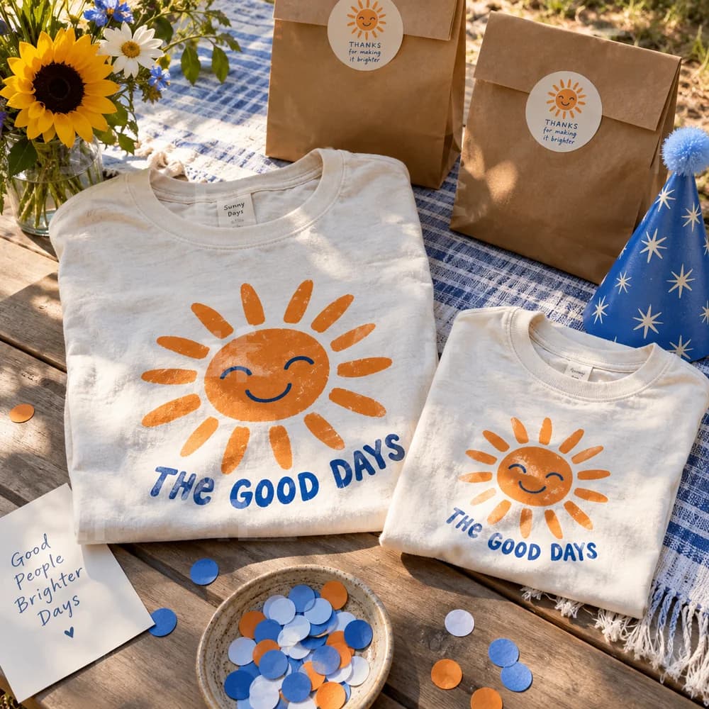 Illustrative mockup of a personalized family celebration shirt and favor bag