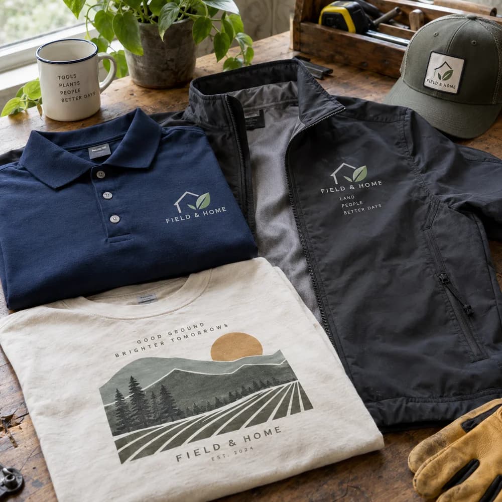 Illustrative mockup of a navy polo and charcoal jacket with coordinated printed graphics