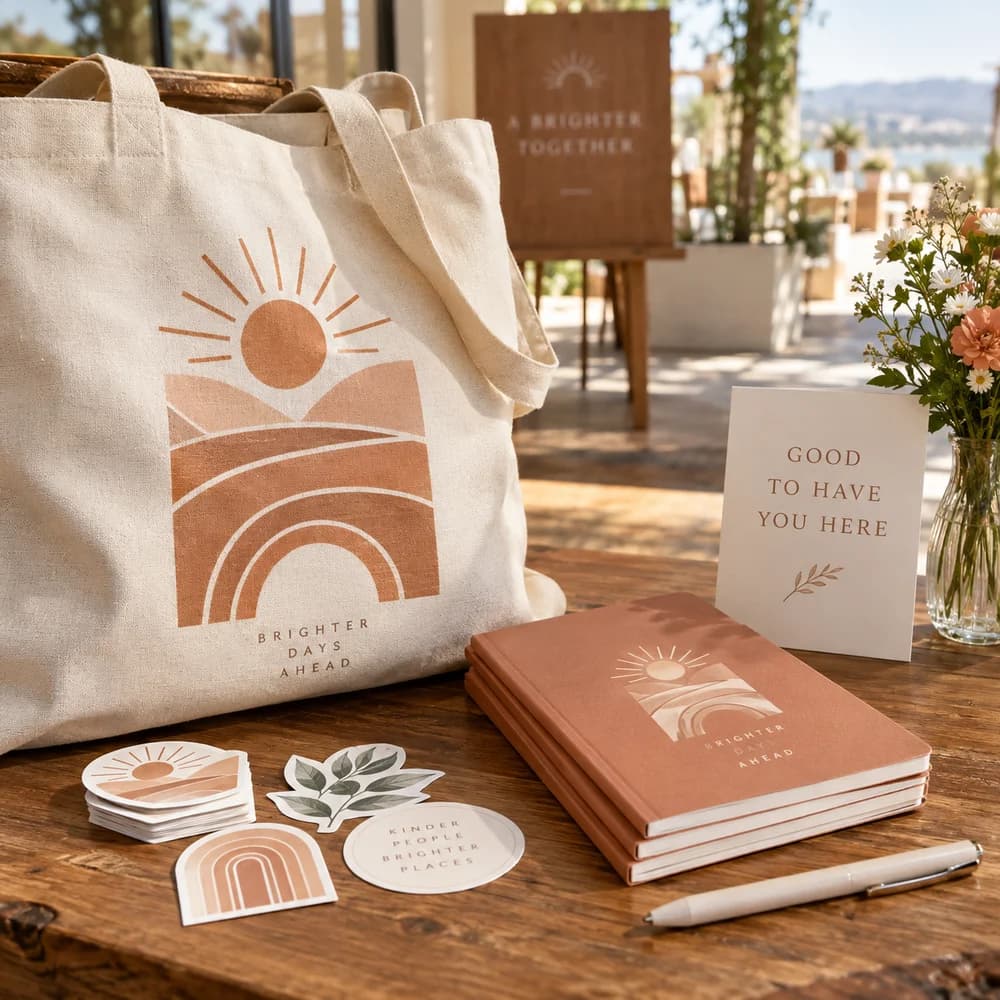 Illustrative mockup of a canvas tote, notebook and stickers in a promotional gift kit