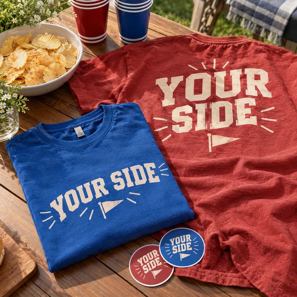 Illustrative mockup of blue and red cotton shirts with original game-day graphics
