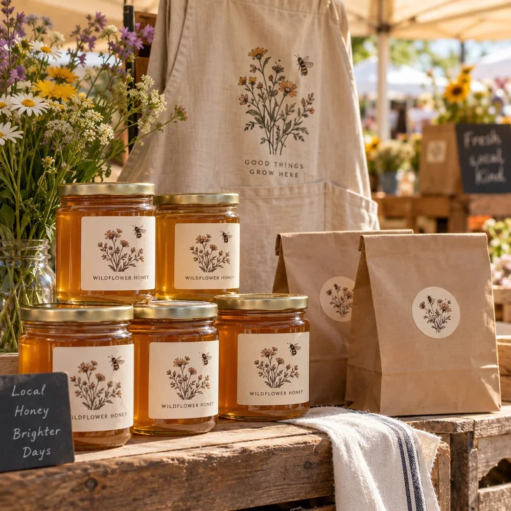 Illustrative mockup of labeled honey jars and a coordinated apron at a market stall