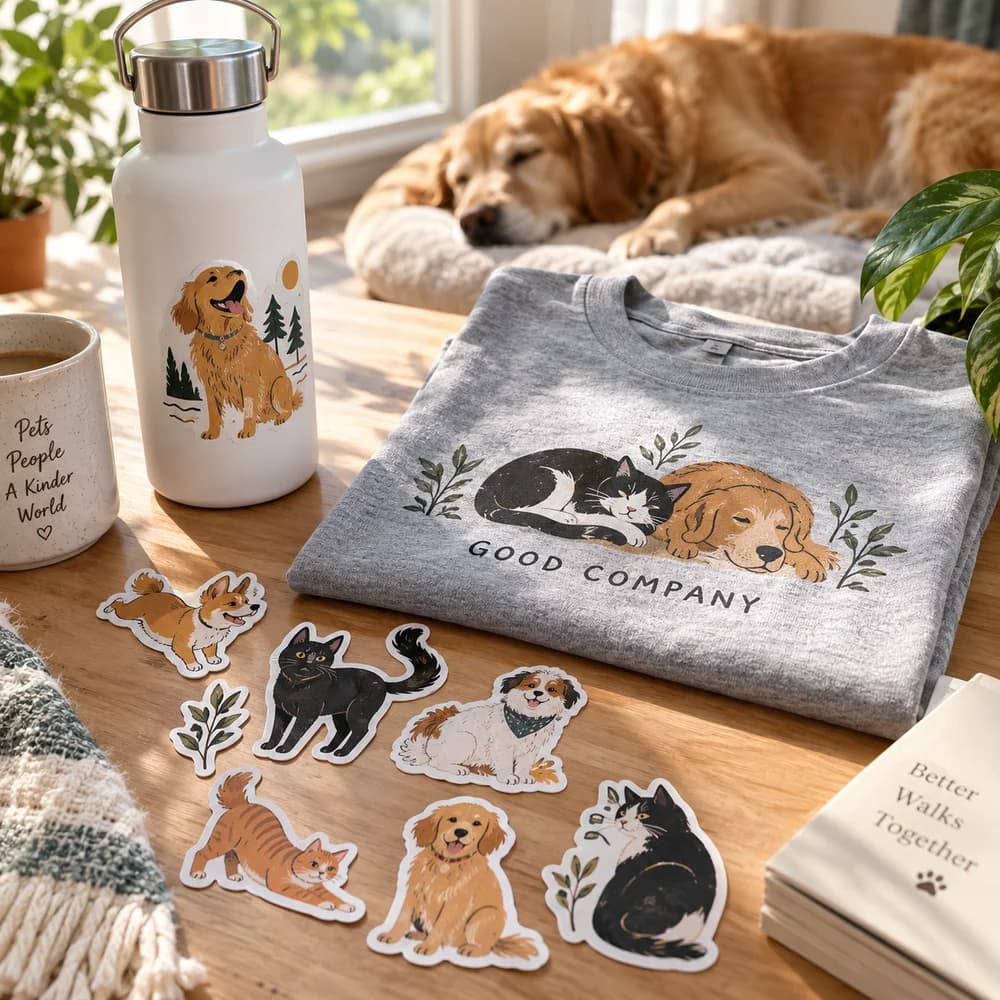 Illustrative mockup of an animal sticker pack and coordinated pet-club shirt