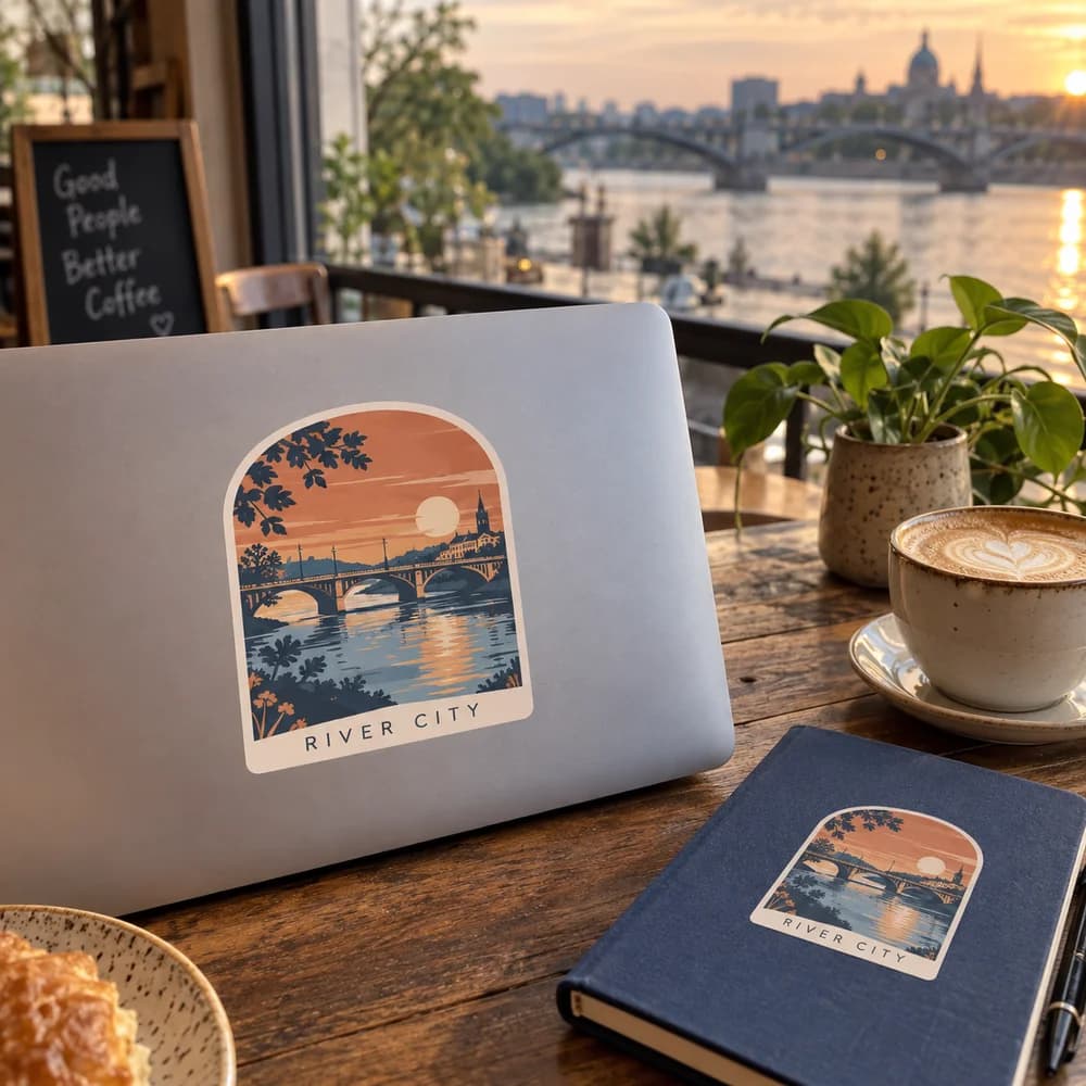 Illustrative mockup of river-city inspired decals on a laptop and notebook