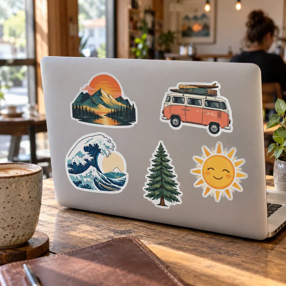 Example mockup: Colorful contour-cut travel stickers on a laptop at a cafe