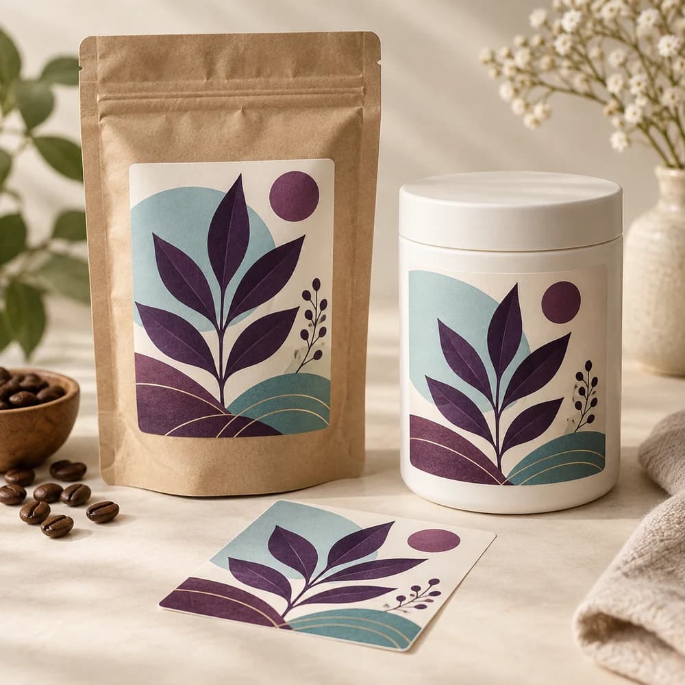Illustrative mockup of botanical packaging labels on a kraft pouch and white jar